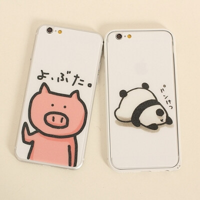 小猪熊猫iphone6彩膜6PLUS钢化彩膜5s全屏钢化膜6s卡通闪粉前后贴