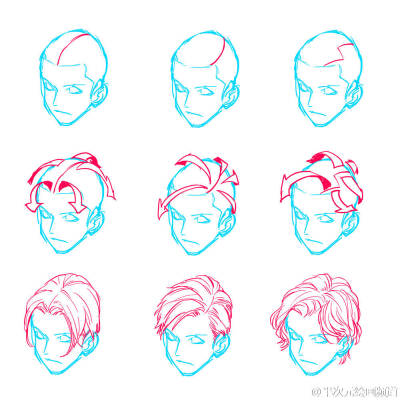 #绘画参考#绘师もじさん的一组关于发型分解的画法参考，合理的画出发丝走向，再复杂的发型也变得好画辣~更多参考见评论哟