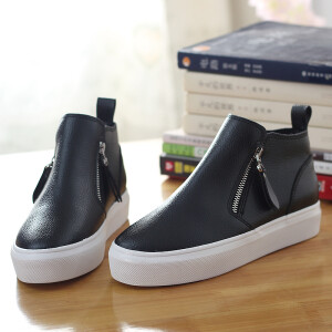 环球春款PU皮高帮鞋女 时尚百搭拉链纯色休闲鞋潮流厚底松糕女鞋