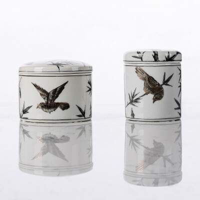 奇居良品 中式新古典美式家居装饰摆件 竹枝雀鸟白色陶瓷茶叶罐