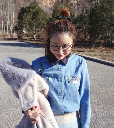 冬季 tangostyle 韩国实物自拍 可爱雪人刺绣修身牛仔衬衫
