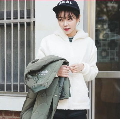 韩国冬装绒衫短外套女冬新韩版保暖连帽卷毛开襟卫衣