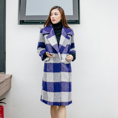 韩版格子呢大衣长款冬装西装领七分袖羊毛呢子外套宽松