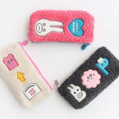 韩国文具Romane 可爱卡通毛绒收纳袋创意笔袋化妆袋零钱包钥匙包