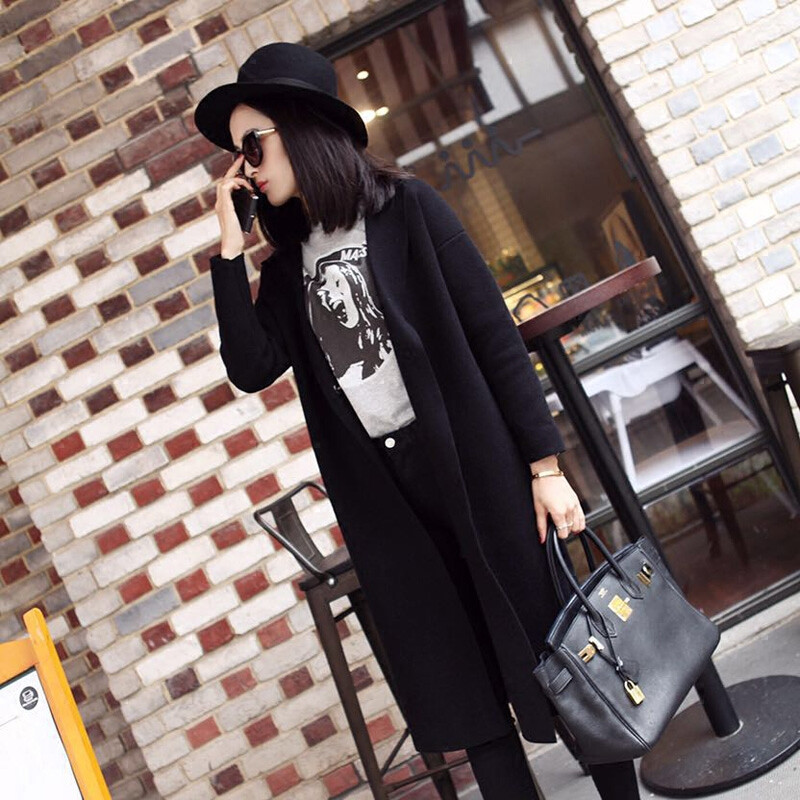 双11韩版针织开衫女装中长款纯色羊毛衫宽松加厚大衣黑色毛衣外套