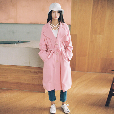 MISSQ春装 韩版修身中长款长袖风衣女粉色西装领休闲时尚大衣