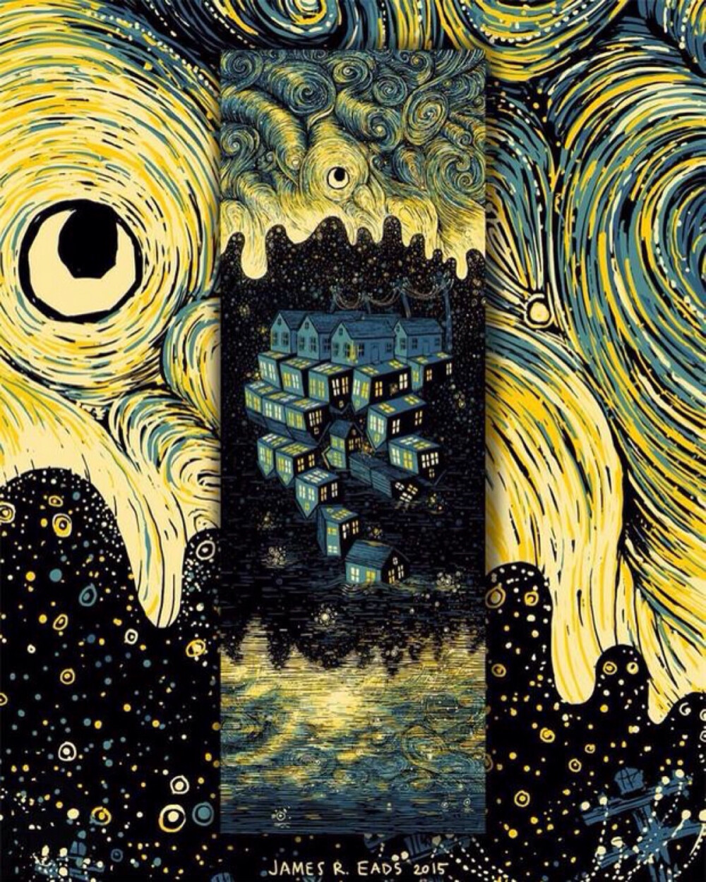 看到艺术家与插画师James R. Eads的画作，似乎一下子游离到了另一个世界。
在他的笔下，一个个创思化身成一个个闪光的光点，五彩缤纷，随意萦绕，勾勒出一个个美轮美奂的画境，似有阳光的热烈，也有月光的浪漫，更有浩瀚星光似的唯美与空明，让人很容易就沉浸在这美妙的小宇宙中。