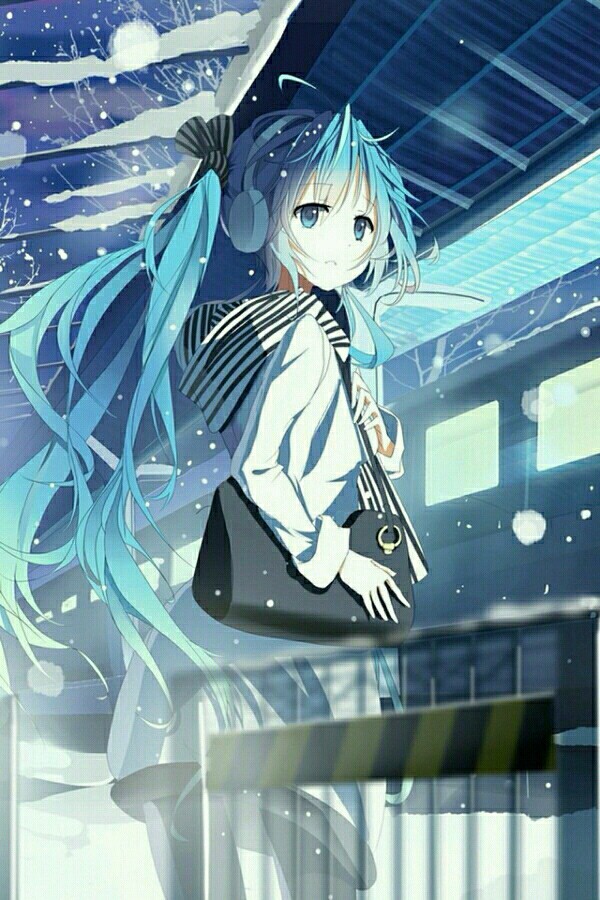 miku 冬天 车站 黑色挎包