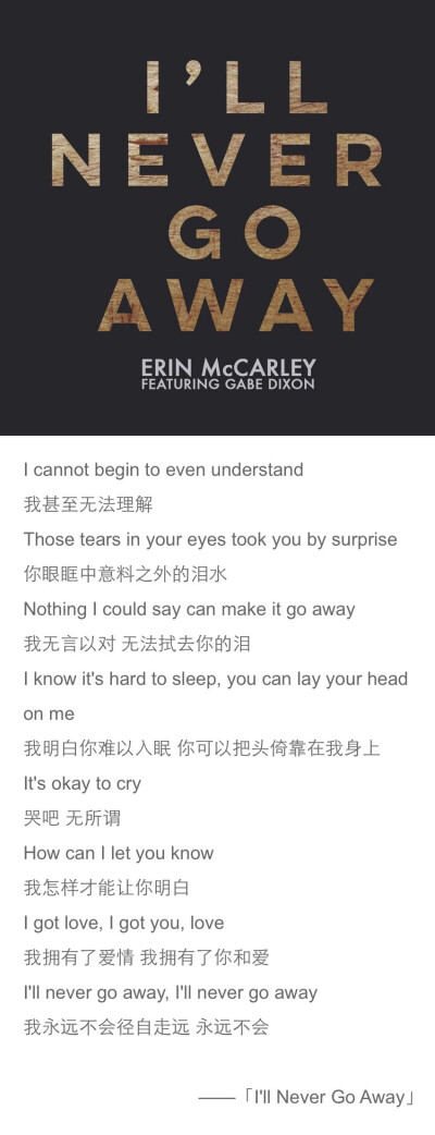 I'll never go away 来自Erin McCarley，即使黑暗来临，我们仍会发光发亮，即使黑暗来临，我也不会走远，不会远离你的身边，