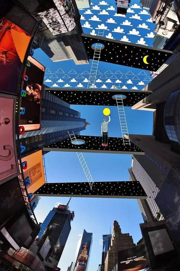 身处都市丛林中，天空总是被林立的高楼大厦挤得黯淡和狭窄，想要抬头仰望一下湛蓝，往往也只剩下残缺的一小角。然而对于法国艺术家Thomas Lamadieu而言，这片被建筑挤压的天空却成为他随手可得肆意挥洒想象力的创作画布。
Lamadieu Thomas，法国艺术家，他以天空为画布，以都市的楼房建筑为框架，将这些不规则的几何形缺口作为自己的画板，以充满趣味的笔触和搞怪的人物造型，完成了这个名为 “Sky Art”的插画系列。天马行空的创意思维，带给我们失去已久的城市惊喜。