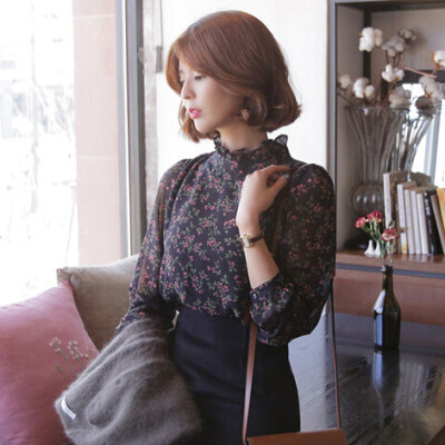 现货韩国女装冬装甜美半高领碎花薄款衬衫潮bn