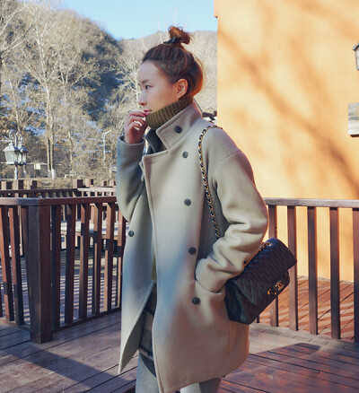冬季 tangostyle 韩国实物自拍 立领小羊毛豆绿色毛呢大衣