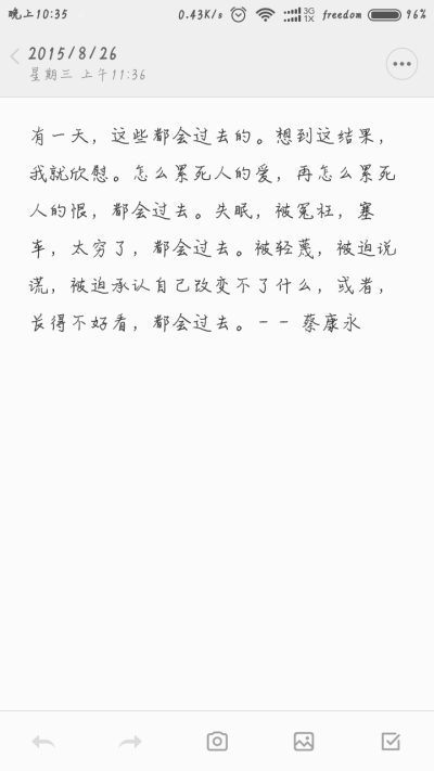 有一天，这些都会过去的。想到这结果，我就欣慰。怎么累死人的爱，再怎么累死人的恨，都会过去。失眠，被冤枉，塞车，太穷了，都会过去。被轻蔑，被迫说谎，被迫承认自己改变不了什么，或者，长得不好看，都会过去。…