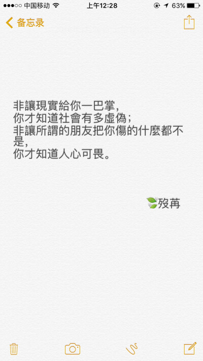 非让现实给你一巴掌，你才知道社会有多虚伪；非让所谓的朋友把你伤的什么都不是，你才知道人心可畏。