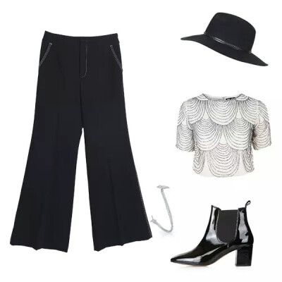 TFNC 钉珠短上衣 参考价格：520 CNY
BEARTWO 礼服长裤 参考价格：598 CNY
Topshop 切尔西短靴 参考价格：710 CNY
Topshop 宽沿礼帽 参考价格：265 CNY
APM Monaco Garçonne系列 参考价格：680 CNY
总金额：2,773CNY