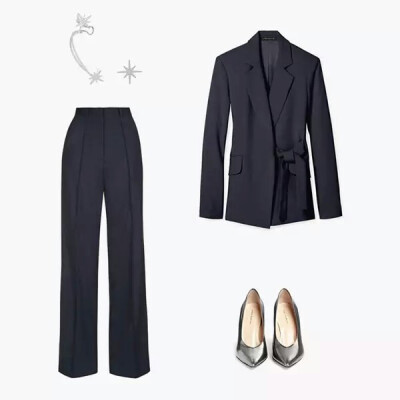 Theory 系带式西装外套 参考价格：2,930 CNY
Fabio Rusconi 金属感尖头粗跟鞋 参考价格：1,000 CNY
Topshop 礼服长裤 参考价格：620 CNY
APM Monaco Garçonne系列耳饰 参考价格：960 CNY
总金额：5,510CNY