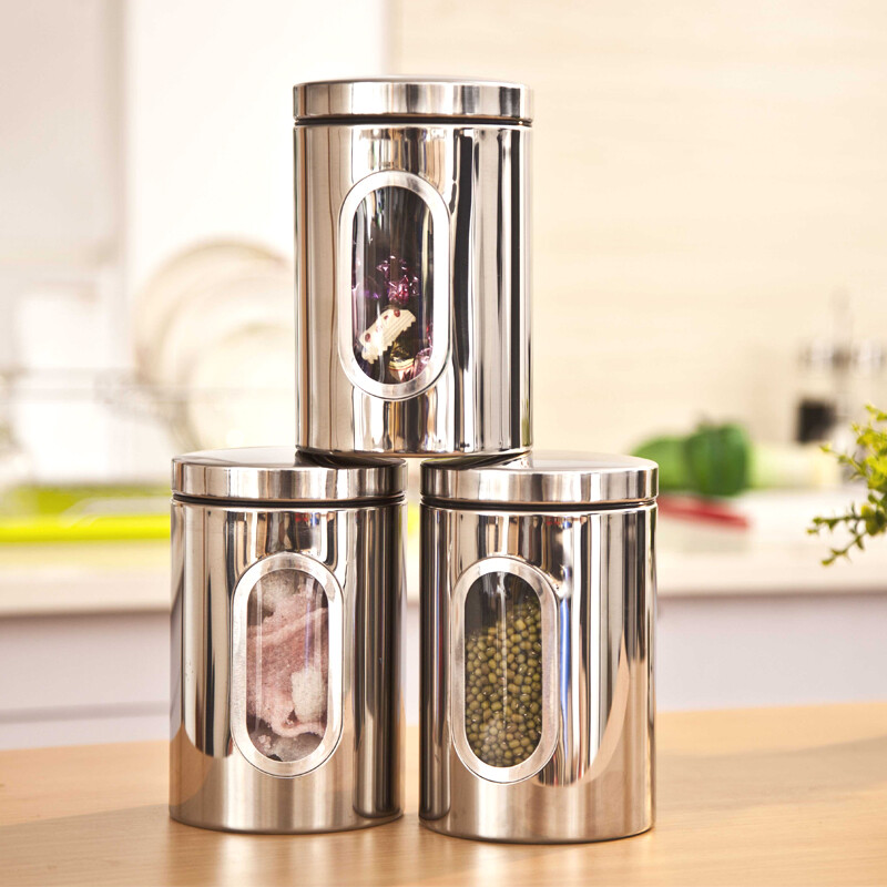 达派屋 不锈钢储物罐密封罐茶叶罐零食罐透明可视三件套厨房用具