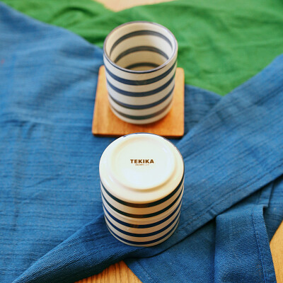  日式陶瓷蓝白条纹直身杯 茶杯 水杯 酒杯 瓷器套装 料理杯