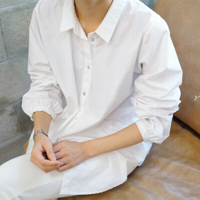 韩版宽松不规则中长款长袖白色衬衫女百搭BF风打底衫衬衣春装