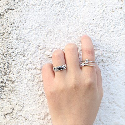 韩国925纯银泰银复古方圆不规则双层麻花开口指环做旧戒指 镶钻