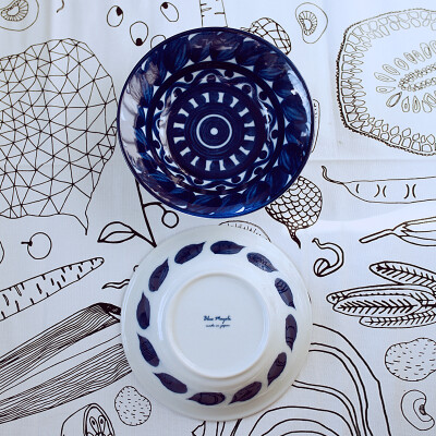日式和风手绘陶瓷深盘 餐盘 料理用具 蓝色花纹盘 碗 7英寸盘