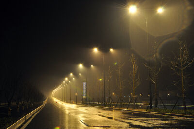 一个人走在淋过雨的路上，夜慢慢的深了，看看风景，只是觉得这个世界空无一人。