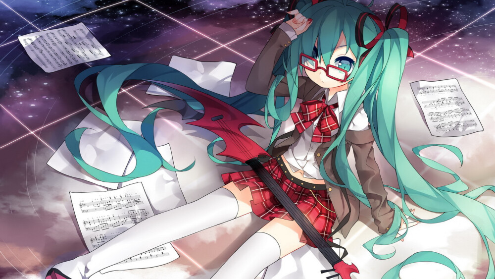 【id=49171138 画师：Saru】初音未来，miku，眼镜娘，萝莉，格子裙，白丝，P站，动漫，电吉他少女