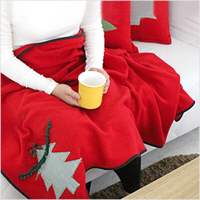 韩国进口贴布圣诞树毛毯绒面绒毯圣诞节秋冬季红色膝盖毯子