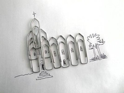 「回形针做的大教堂」这是在Facebook上看到的，作者是Victor Nunes，一位有趣的老人家。他将日常生活中的物件与插画巧妙的结合，让真实物体自然的成为平面绘画的一部分，新颖而又趣味十足。
可以用在贺卡、手帐、绘…
