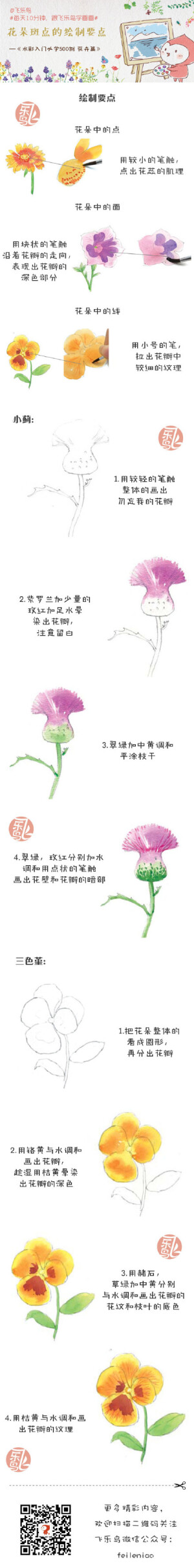 水彩教程-花朵斑点的绘制要点.出自：飞乐鸟.