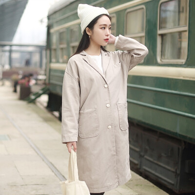 春季韩版学院风单排扣复古纯色中长款宽松西装领风衣外套女
