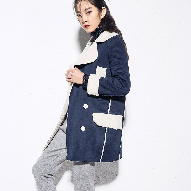 Chan原创设计 2016藏蓝色长款大翻领羊羔毛外套保暖大衣
