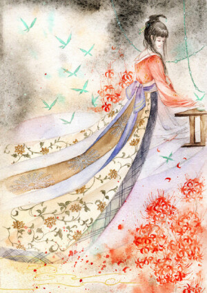 雨晴烟晚。绿水新池满。双燕飞来垂柳院，小阁画帘高卷。  黄昏独倚朱阑。西南新月眉弯。砌下落花风起，罗衣特地春寒。——冯延巳《清平乐》