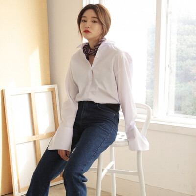 韩国stylenanda 时尚款加宽袖口设计条纹衬衫－白色