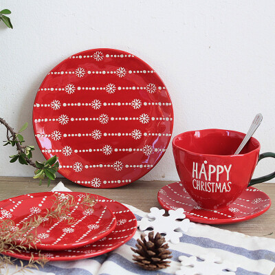 高品质~~纯手绘红色圣诞餐具浮雕雪花陶瓷零食盘餐盘早餐杯咖啡杯