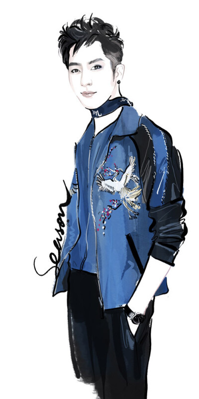井柏然 身穿 路易威登 湖蓝色仙鹤印花夹克亮相品牌2016秋冬男装秀场。 