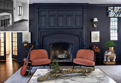 为了让客厅更有现代化的感觉，将壁炉漆成有质感的深色，并延续到墙面， 柔化了原先窗帘繁复的线条，搭配座椅更添艺术感，墙上有趣的画作来自日本著名现代艺术家奈良美智的作品。