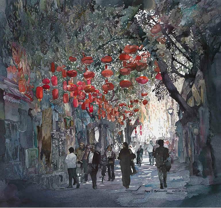 【侵删】#涂鸦王国# John Salminen，以写实的城市景观作品被大众广泛认知，并成为在美国屡获殊荣的水彩画家。他的作品被描述为“充满细节的街景”。这次分享作者笔下那个古老又传统的中国。http://t.cn/R4NpsXr