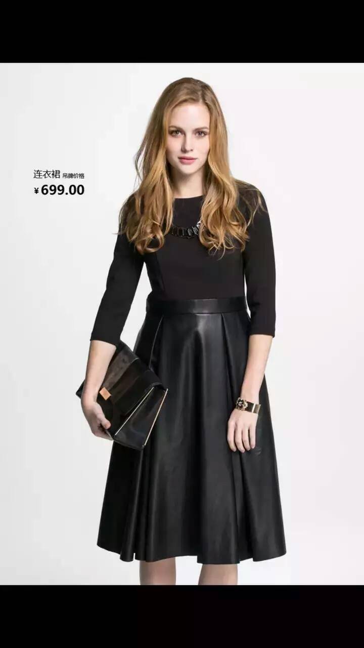 VeroModa2016春季新品PU拼接A字裙摆七分袖连衣裙