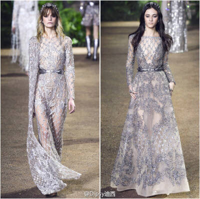 Elie Saab Haute Couture s/s 2016┃这季高定仙裙灵感来自南亚国度的传统纱丽～宝石金线钉珠刺绣，珠光宝气的元素一样不缺