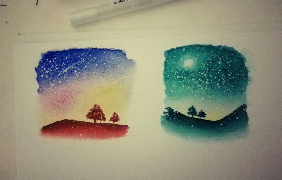 【水彩星空】无框架简易速画，练习混色叠色什么的。by叶苒