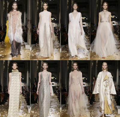 VALENTINO SS16 Haute Couture，仍然少不了希腊式曳地长裙，天鹅绒的华丽与欧根纱的仙气难分胜负，灵蛇和圆盘回形金属饰物呼应着服装上多处爆发的或抽象或具化的东拜占庭元素