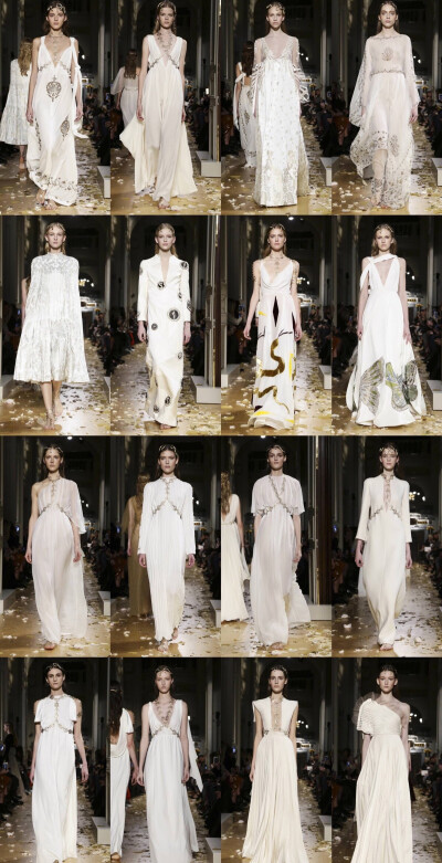 VALENTINO SS16 Haute Couture，仍然少不了希腊式曳地长裙，天鹅绒的华丽与欧根纱的仙气难分胜负，灵蛇和圆盘回形金属饰物呼应着服装上多处爆发的或抽象或具化的东拜占庭元素