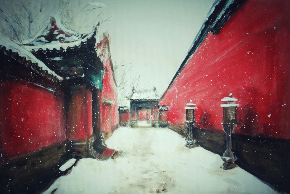 故宫 雪景 手绘 水彩 场景 古风 古典