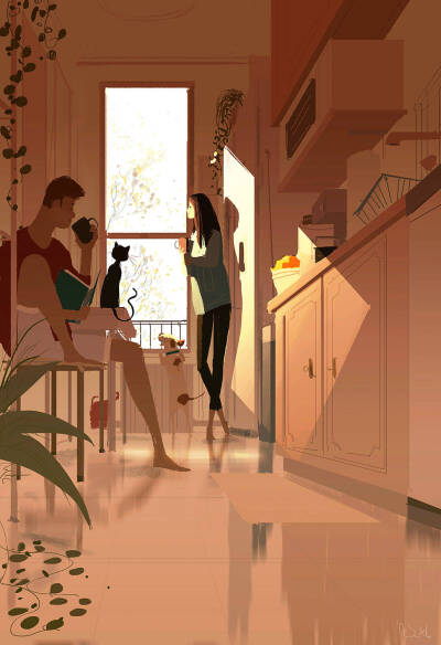 [cp]#王国分享# 来自美国的插画师Pascal Campion，轻松随意的画风，画面大多描绘生活中的小场景。他说，一旦在某个瞬间觉得需要充电，但可能现实不允许他这么做的时候，会选择用画画来表达。更多作品http://t.cn/Rb3…