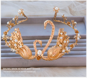 水舞新娘 复古金色巴洛克天鹅结婚皇冠头饰婚纱配饰摄影 A1356