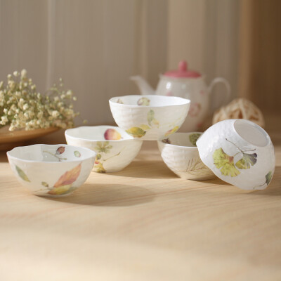秋实席纹骨瓷碗一套5件装 优美浮雕工艺 陶瓷米饭碗 日式家用