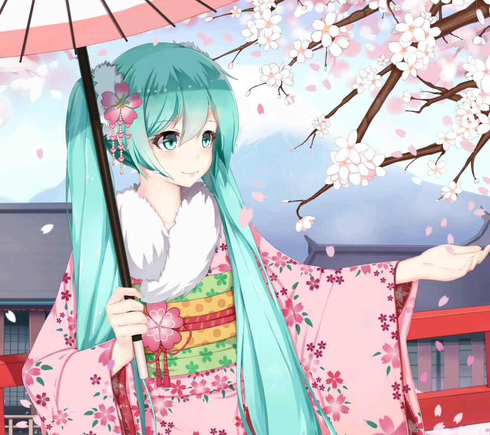 初音未来 虚拟歌姬 P站 图片 插画 唯美 意境 风景 樱花 古风 和服 高清 壁纸