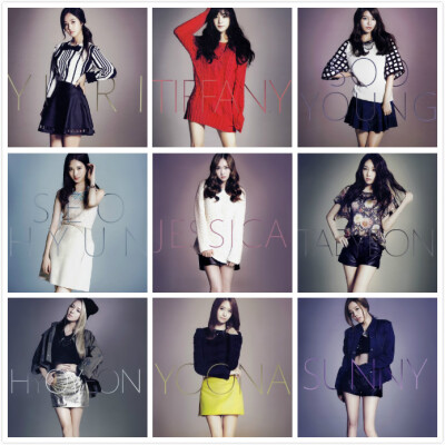 少女时代 Girls'Generation 泰妍 Taeyeon 林允儿 Yoona 郑秀妍 Jessica 李顺圭 Sunny 崔秀英Soo Young 徐珠贤 Seohyun 黄美英 Tiffany 权侑莉 Yuri 金孝渊 Hyoyeon