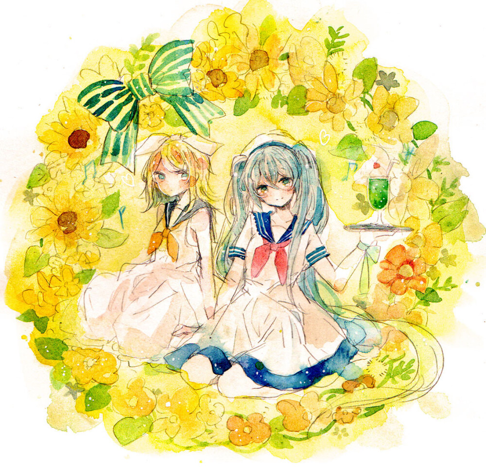 【id=52126617 画师：白露】初音未来，镜音铃，Miku，Rin，葱橘，橘葱，水手服，透明水彩，P站，V家